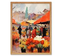 Wall Art Print Busy Flower Market Warm Amber Orange Yellow Oil Painting Art Framed Artery8 Light Oak W12 inch x H16 inch