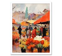Wall Art Print Busy Flower Market Warm Amber Orange Yellow Oil Painting Art Framed Artery8 White W12 inch x H16 inch