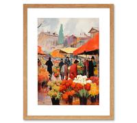 Wall Art Print Busy Flower Market Warm Amber Orange Yellow Oil Painting Artwork Framed 9X7 Inch Artery8 Beige W7 inch x H9 inch