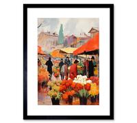 Wall Art Print Busy Flower Market Warm Amber Orange Yellow Oil Painting Artwork Framed 9X7 Inch Artery8 Black W7 inch x H9 inch