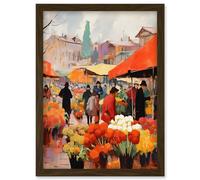 Wall Art Print Busy Flower Market Warm Amber Orange Yellow Oil Painting Artwork Framed A4 Artery8 Brown A4