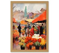 Wall Art Print Busy Flower Market Warm Amber Orange Yellow Oil Painting Artwork Framed A4 Artery8 Light Oak A4