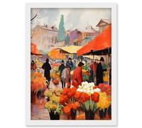 Wall Art Print Busy Flower Market Warm Amber Orange Yellow Oil Painting Artwork Framed A4 Artery8 White A4