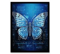 Wall Art Print Butterfly Robot Hybrid Schematic Blue Futuristic Secret Complex Arcane Manuscript Gift For Him Man Cave Art Framed Artery8 Black W12 inch x H16 inch