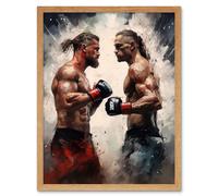 Wall Art Print Cage Fight Oil Paint Artwork Combat Mixed Martial Arts Boxing Wrestling Art Framed Artery8 Light Oak W12 inch x H16 inch