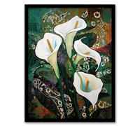 Wall Art Print Cala Lily Flowers Oil Painting Abstract Lilies With Decorative Leaf Patterns Vibrant Colourful Bright Floral Modern Artwork Art Framed Artery8 Green W12 inch x H16 inch
