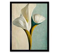Wall Art Print Cala Lily Lilies Flower Abstract Minimalist Painting Duck Egg Cream Mustard Art Framed Artery8 Black W12 inch x H16 inch