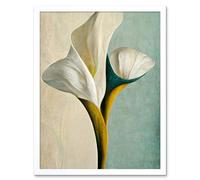 Wall Art Print Cala Lily Lilies Flower Abstract Minimalist Painting Duck Egg Cream Mustard Art Framed Artery8 White W12 inch x H16 inch