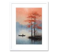 Wall Art Print Canoe Boat on Misty Lake Oil Painting Landscape Blue Pink Blossom Tree Early Morning Artwork Framed 9X7 Inch Artery8 White W7 inch x H9 inch