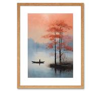 Wall Art Print Canoe Boat on Misty Lake Oil Painting Landscape Blue Pink Blossom Tree Early Morning Artwork Framed 9X7 Inch Artery8 Beige W7 inch x H9 inch