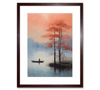 Wall Art Print Canoe Boat on Misty Lake Oil Painting Landscape Blue Pink Blossom Tree Early Morning Artwork Framed 9X7 Inch Artery8 Brown W7 inch x H9 inch