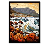 Wall Art Print Cape Town Cityscape under Table Mountain Stylised Painting Framed Art Artery8 Multi W12 inch x H16 inch