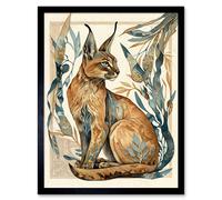 Wall Art Print Caracal Cat with Teal Plants Modern Art Nouveau Watercolour Art Framed Artery8 Black W12 inch x H16 inch