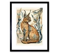 Wall Art Print Caracal Cat with Teal Plants Modern Art Nouveau Watercolour Artwork Framed 9X7 Inch Artery8 Black W7 inch x H9 inch