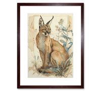 Wall Art Print Caracal Cat with Teal Plants Modern Pastel Watercolour Artwork Framed 9X7 Inch Artery8 Brown W7 inch x H9 inch