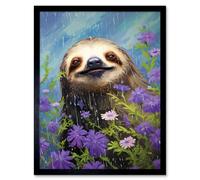 Wall Art Print Carefree Sloth in a Field of Lavender Daisies Oil Painting Enjoying the Spring Rain Kids Bedroom Art Framed Artery8 Black W12 inch x H16 inch
