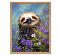 Wall Art Print Carefree Sloth in a Field of Lavender Daisies Oil Painting Enjoying the Spring Rain Kids Bedroom Art Framed Artery8 Light Oak W12 inch x H16 inch