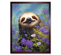 Wall Art Print Carefree Sloth in a Field of Lavender Daisies Oil Painting Enjoying the Spring Rain Kids Bedroom Art Framed Artery8 Brown W12 inch x H16 inch