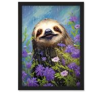 Wall Art Print Carefree Sloth in a Field of Lavender Daisies Oil Painting Enjoying the Spring Rain Kids Bedroom Artwork Framed A4 Artery8 Black A4