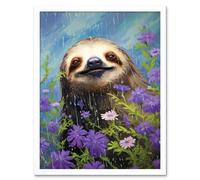 Wall Art Print Carefree Sloth in a Field of Lavender Daisies Oil Painting Enjoying the Spring Rain Kids Bedroom Art Framed Artery8 White W12 inch x H16 inch