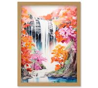 Artery8 Cascading Waterfall in Orange Pink Tree Lush Forest Vibrant Watercolour Painting Artwork Framed Wall Art Print A4