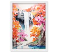 Artery8 Cascading Waterfall in Orange Pink Tree Lush Forest Vibrant Watercolour Painting Artwork Framed Wall Art Print A4