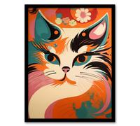 Wall Art Print Cat Graphic 1960s Painting Orange Blue Teal Pink Floral Retro Boho Animal Portrait Art Framed Artery8 Multi A4