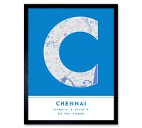 Wall Art Print Chennai India City Map Modern Typography Stylish Letter Framed Word Wee Blue Coo Blue W12 inch x H16 inch