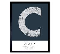 Wall Art Print Chennai India City Map Modern Typography Stylish Letter Framed Word Wee Blue Coo Navy W12 inch x H16 inch