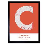 Wall Art Print Chennai India City Map Modern Typography Stylish Letter Framed Word Wee Blue Coo Orange W12 inch x H16 inch
