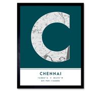 Wall Art Print Chennai India City Map Modern Typography Stylish Letter Framed Word Wee Blue Coo Teal W12 inch x H16 inch