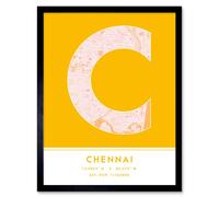 Wall Art Print Chennai India City Map Modern Typography Stylish Letter Framed Word Wee Blue Coo Yellow W12 inch x H16 inch