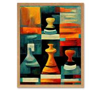 Wall Art Print Chess Board And Pieces Modern Abstract Oil Art Framed Artery8 Light Oak W12 inch x H16 inch