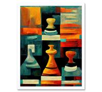 Wall Art Print Chess Board And Pieces Modern Abstract Oil Art Framed Artery8 White W12 inch x H16 inch