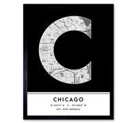 Wall Art Print Chicago Illinois United States City Map Modern Typography Stylish Letter Framed Word Wee Blue Coo Black W12 inch x H16 inch