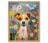 Wall Art Print Chihuahua in the Wildflowers Artwork Colourful Meadow Dog Portrait Art Framed Artery8 Light Oak W12 inch x H16 inch