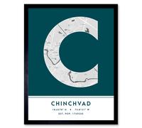Wall Art Print Chinchvad India City Map Modern Typography Stylish Letter Framed Word Wee Blue Coo Teal W12 inch x H16 inch