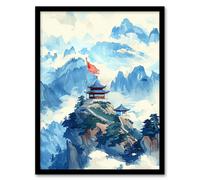 Wall Art Print Chinese Temple Watercolour Mountain Forest Art Framed Poster Artery8 Black A4