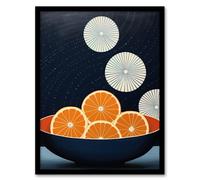 Wall Art Print Citrus Circles Oranges in Bowl Night Sky Blue Abstract Oil Painting Art Framed Wee Blue Coo Dark Navy A4