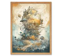 Wall Art Print City in the Clouds Pastel Colour Concept Art Modern Watercolour Painting Art Framed Artery8 Light Oak W12 inch x H16 inch