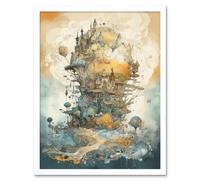 Wall Art Print City in the Clouds Pastel Colour Concept Art Modern Watercolour Painting Art Framed Artery8 White W12 inch x H16 inch