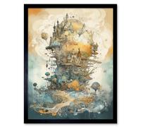 Wall Art Print City in the Clouds Pastel Colour Concept Art Modern Watercolour Painting Art Framed Artery8 Black W12 inch x H16 inch