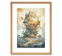 Wall Art Print City in the Clouds Pastel Colour Concept Art Modern Watercolour Painting Artwork Framed 9X7 Inch Artery8 Beige W7 inch x H9 inch