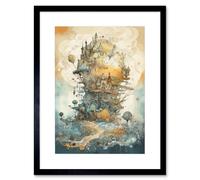 Wall Art Print City in the Clouds Pastel Colour Concept Art Modern Watercolour Painting Artwork Framed 9X7 Inch Artery8 Black W7 inch x H9 inch