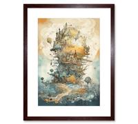 Wall Art Print City in the Clouds Pastel Colour Concept Art Modern Watercolour Painting Artwork Framed 9X7 Inch Artery8 Brown W7 inch x H9 inch