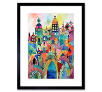 Wall Art Print Cityscape Abstract Folk Art Vibrant Multicoloured Watercolour Painting Artwork Framed 9X7 Inch Artery8 Black W7 inch x H9 inch