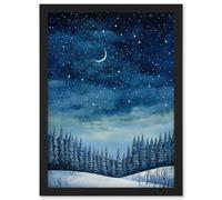 Wall Art Print Clear Sky Starry Night in Forest Covered with Snow Oil Painting Crescent Moon Winter Landscape Artwork Framed A4 Artery8 Black A4