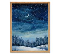 Wall Art Print Clear Sky Starry Night in Forest Covered with Snow Oil Painting Crescent Moon Winter Landscape Art Framed Artery8 Light Oak W12 inch x H16 inch