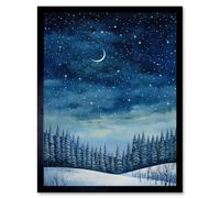 Wall Art Print Clear Sky Starry Night in Forest Covered with Snow Oil Painting Crescent Moon Winter Landscape Art Framed Artery8 Black W12 inch x H16 inch