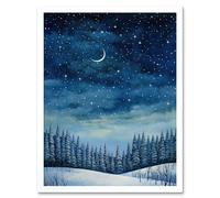 Wall Art Print Clear Sky Starry Night in Forest Covered with Snow Oil Painting Crescent Moon Winter Landscape Art Framed Artery8 White W12 inch x H16 inch
